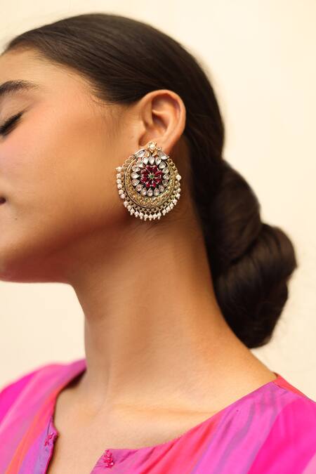 Ajooni Jewels_Gold Plated Kundan Stone Chandbalis _Online_at_Aza_Fashions