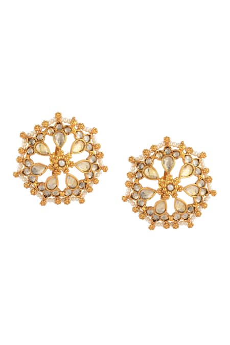 Ajooni Jewels Gold Kundan Pearl Studded Earrings 