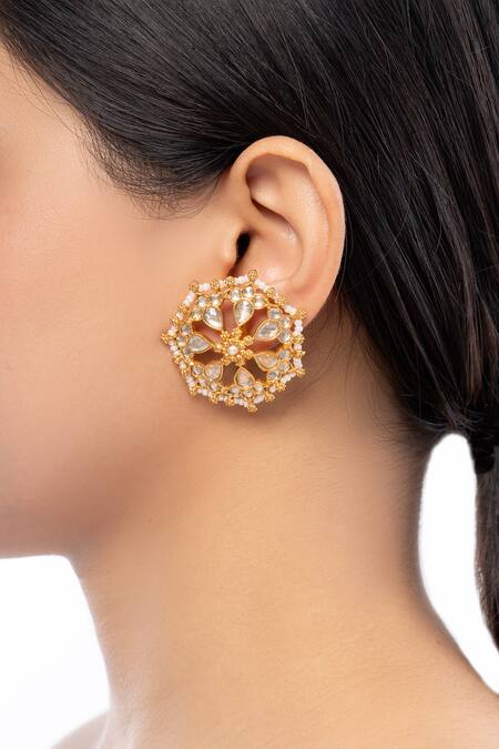 Buy_Ajooni Jewels_Gold Plated Pearls, Zari Kundan Studded Earrings _Online_at_Aza_Fashions