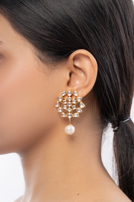 Ajooni Jewels_Gold Plated Pearls Kundan Drop Earrings _Online_at_Aza_Fashions