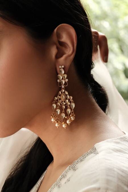 Ajooni Jewels Gold Plated Pearls, Stones Kundan Embellished Danglers Online at Aza Fashions Ajooni Jewels_Gold Plated Pearls, Stones Kundan Embellished Danglers _Online_at_Aza_Fashions