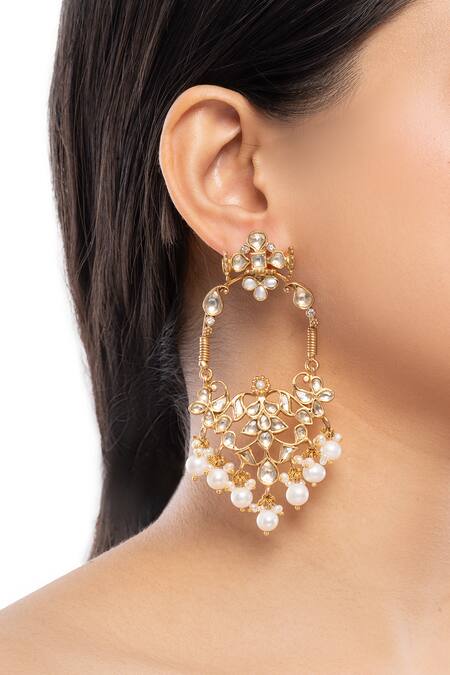 Ajooni Jewels_Gold Plated Pearls Kundan Drop Earrings _Online_at_Aza_Fashions