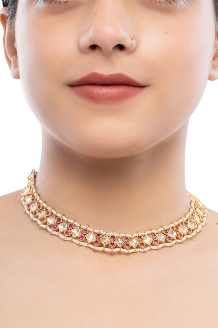 Ajooni Jewels_Gold Plated Kundan Pearl Choker _Online_at_Aza_Fashions
