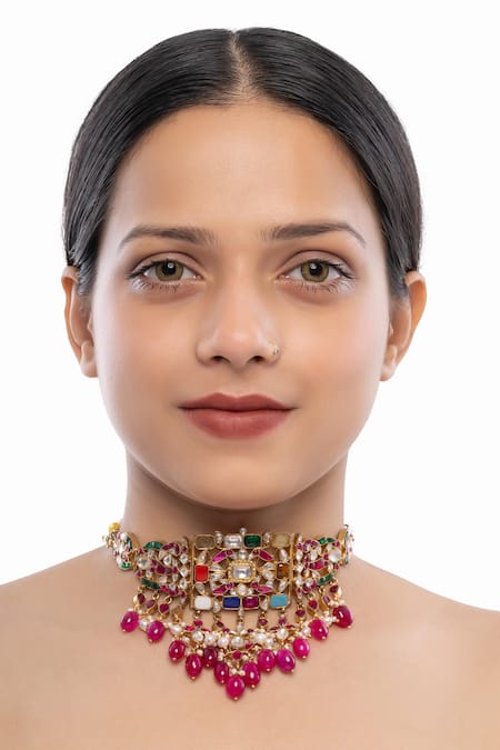Ajooni Jewels_Gold Plated Kundan Pearl Choker _Online_at_Aza_Fashions