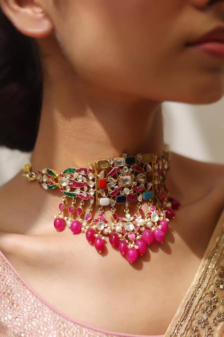 Buy_Ajooni Jewels_Gold Plated Kundan Pearl Choker _Online_at_Aza_Fashions