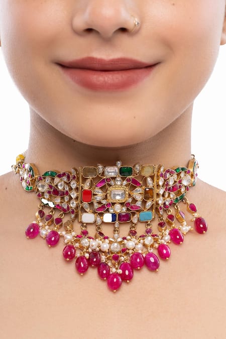 Shop_Ajooni Jewels_Gold Plated Kundan Pearl Choker _Online_at_Aza_Fashions