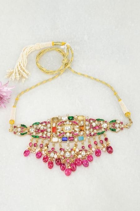 Ajooni Jewels Gold Plated Kundan Pearl Choker 