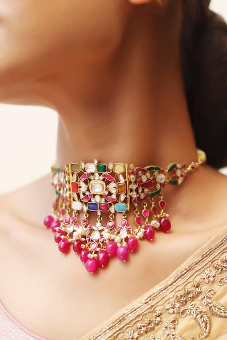Ajooni Jewels_Gold Plated Kundan Pearl Choker _at_Aza_Fashions