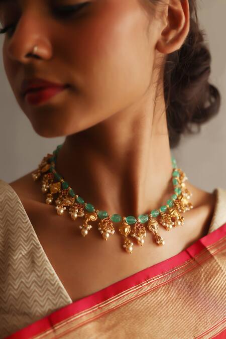 Ajooni Jewels_Gold Plated And Green Gemstone Necklace _Online_at_Aza_Fashions