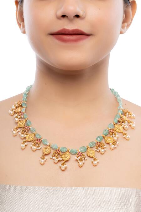 Buy_Ajooni Jewels_Gold Plated And Green Gemstone Necklace _Online_at_Aza_Fashions