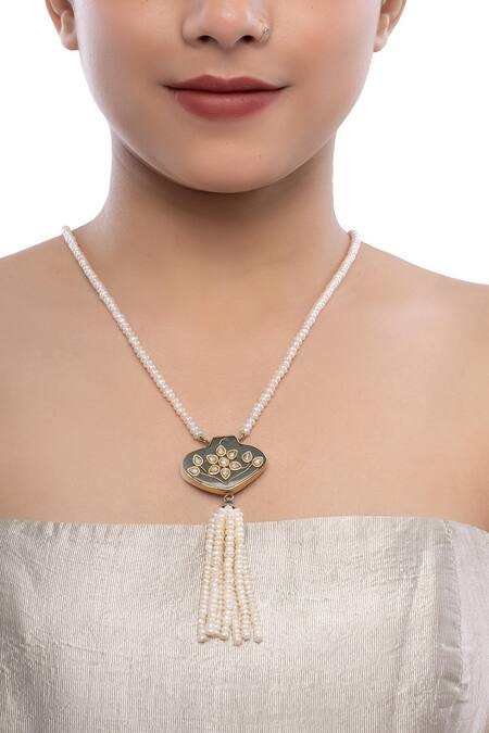 Buy_Ajooni Jewels_White Tassel Embellished Pendant Necklace _Online_at_Aza_Fashions