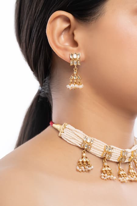 Shop_Ajooni Jewels_Gold Plated Pearls Kundan Embellished Choker Set _Online_at_Aza_Fashions