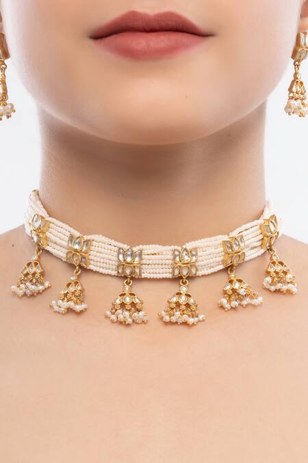 Ajooni Jewels_Gold Plated Pearls Kundan Embellished Choker Set _at_Aza_Fashions