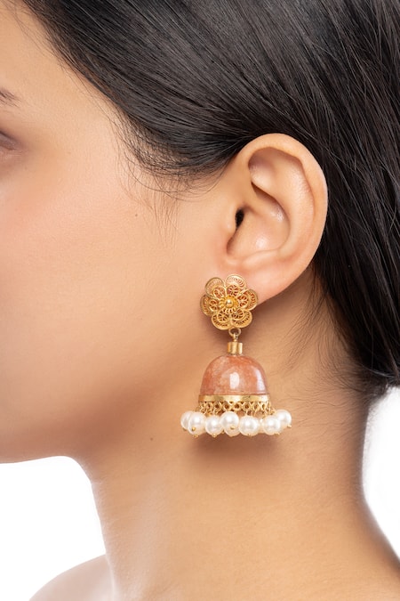 Ajooni Jewels Gold & Brown Quartz Stone Jhumkas 