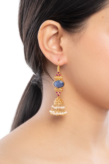 Ajooni Jewels Gold Pearl & Stone Embellished Jhumkas 