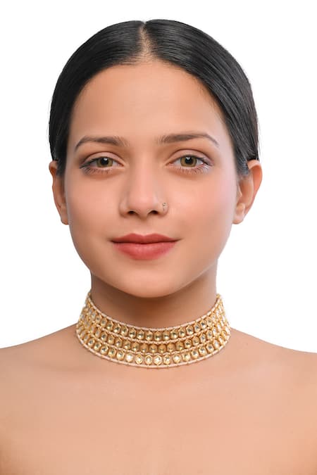 Ajooni Jewels_Gold Plated Kundan Pearl Embellished Choker _Online_at_Aza_Fashions