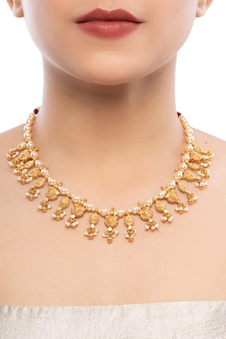 Ajooni Jewels Gold Pearl Embellished Lotus Carved Necklace 