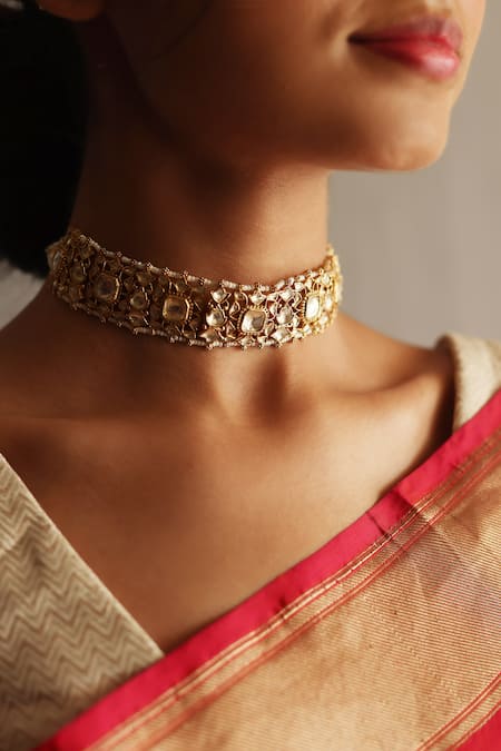 Ajooni Jewels_Gold Plated Kundan Pearl Embellished Choker _Online_at_Aza_Fashions