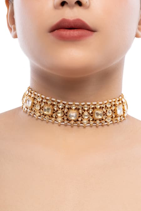 Buy_Ajooni Jewels_Gold Plated Kundan Pearl Embellished Choker _Online_at_Aza_Fashions
