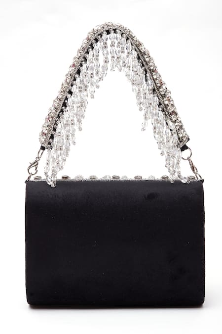 Shop Nazaakat By Samara Singh Black Crystals, Fringe Flap Clutch Bag at Aza Fashions Shop_Nazaakat By Samara Singh_Black Crystals, Fringe Flap Clutch Bag _at_Aza_Fashions