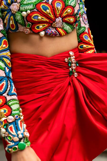 Papa Don't Preach_Multi Color Tafetta Papas Hot Sauce Embellished Blouse With Draped Skirt _Online_at_Aza_Fashions