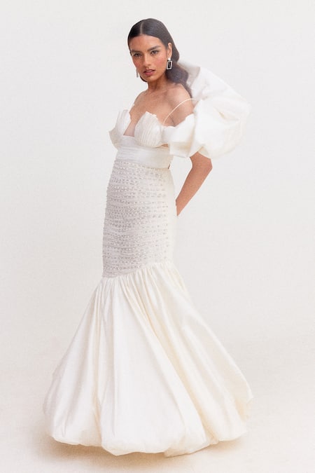 Buy_Tisharth By Shivani_White Polyester Pearls Sweetheart Neck Embellished Bubble Hem Maxi Dress _Online_at_Aza_Fashions