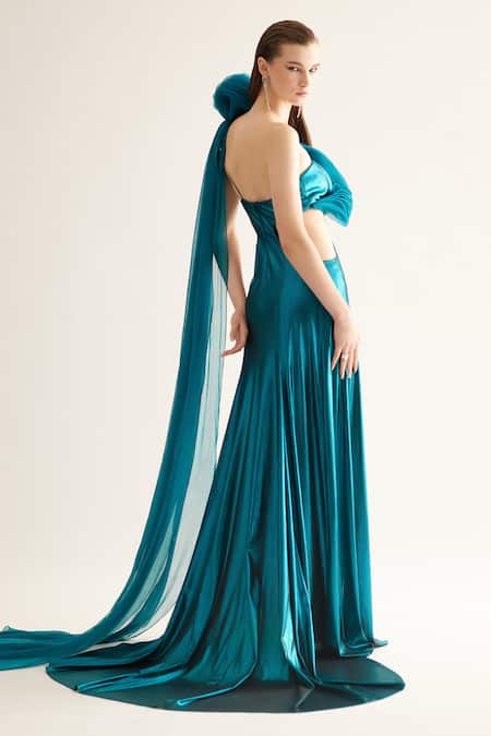 Shop_Tisharth By Shivani_Blue Polyester, Lycra Asymmetric Metallic One-shoulder Maxi Dress _at_Aza_Fashions