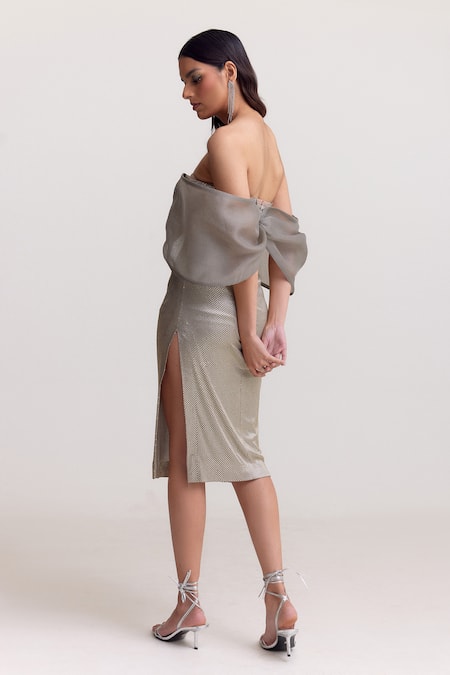 Tisharth By Shivani Embellished Melange Sheer Bow Dress 