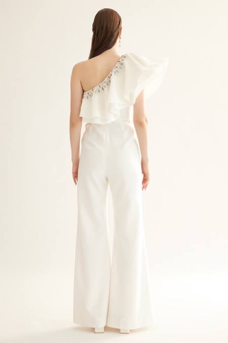 Tisharth By Shivani Eggshell Flared Asymmetric Jumpsuit 