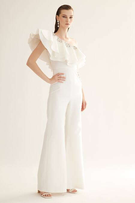 Tisharth By Shivani_White Polyester Beads Asymmetric Eggshell Flared Jumpsuit _Online_at_Aza_Fashions