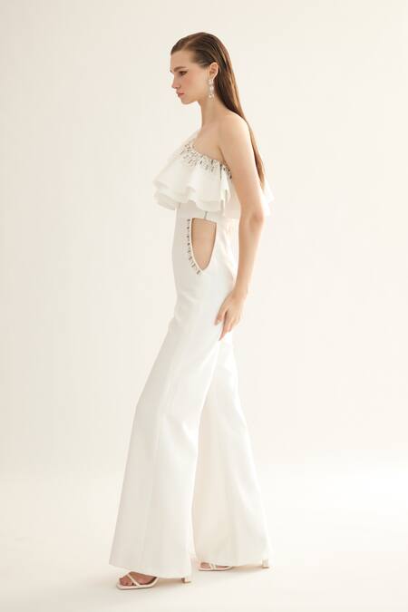 Buy_Tisharth By Shivani_White Polyester Beads Asymmetric Eggshell Flared Jumpsuit _Online_at_Aza_Fashions