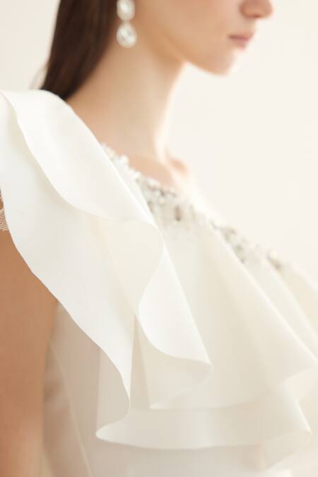 Shop_Tisharth By Shivani_White Polyester Beads Asymmetric Eggshell Flared Jumpsuit _Online_at_Aza_Fashions