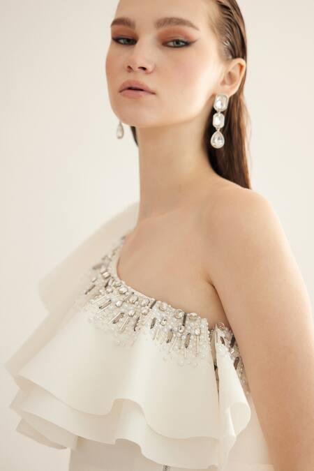 Tisharth By Shivani_White Polyester Beads Asymmetric Eggshell Flared Jumpsuit _at_Aza_Fashions