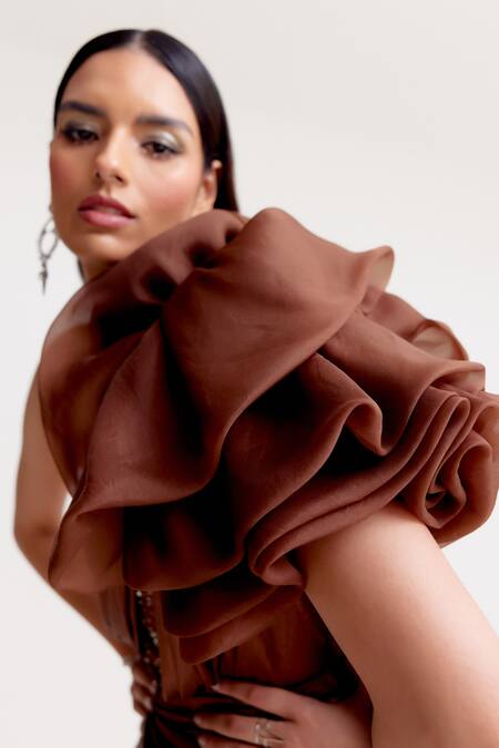 Shop_Tisharth By Shivani_Brown Polyester Beads Asymmetric Metallic Dress _Online_at_Aza_Fashions