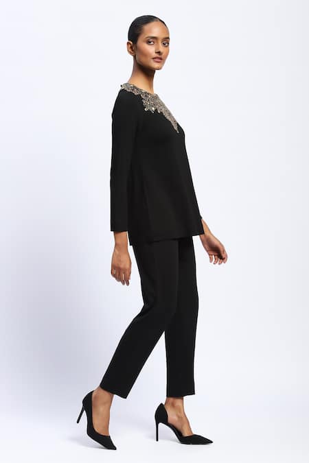 Abraham And Thakore Black Lycra Stones Round Neck Embellished Top Online at Aza Fashions Abraham And Thakore_Black Lycra Stones Round Neck Embellished Top _Online_at_Aza_Fashions