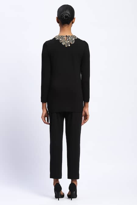 Abraham And Thakore Stone Embellished Black Top 