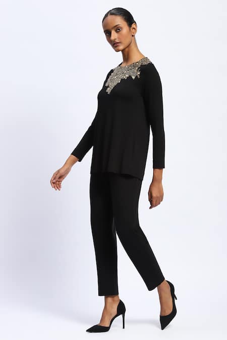Buy Abraham And Thakore Black Lycra Stones Round Neck Embellished Top Online at Aza Fashions Buy_Abraham And Thakore_Black Lycra Stones Round Neck Embellished Top _Online_at_Aza_Fashions