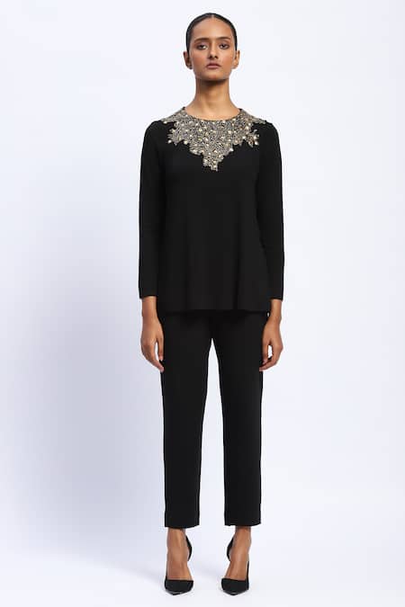 Shop Abraham And Thakore Black Lycra Stones Round Neck Embellished Top Online at Aza Fashions Shop_Abraham And Thakore_Black Lycra Stones Round Neck Embellished Top _Online_at_Aza_Fashions
