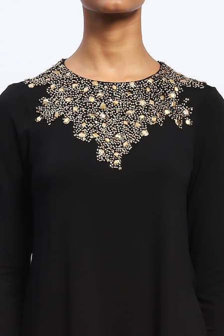 Abraham And Thakore Black Lycra Stones Round Neck Embellished Top at Aza Fashions Abraham And Thakore_Black Lycra Stones Round Neck Embellished Top _at_Aza_Fashions