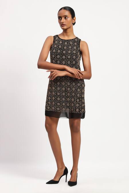 Abraham And Thakore Black Georgette Beads, Sequins Round Neck Abstract And Embellished Dress Online at Aza Fashions Abraham And Thakore_Black Georgette Beads, Sequins Round Neck Abstract And Embellished Dress_Online_at_Aza_Fashions