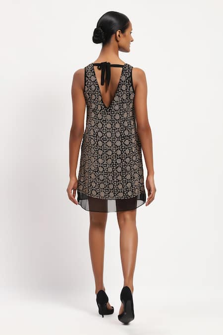 Shop Abraham And Thakore Black Georgette Beads, Sequins Round Neck Abstract And Embellished Dress at Aza Fashions Shop_Abraham And Thakore_Black Georgette Beads, Sequins Round Neck Abstract And Embellished Dress_at_Aza_Fashions