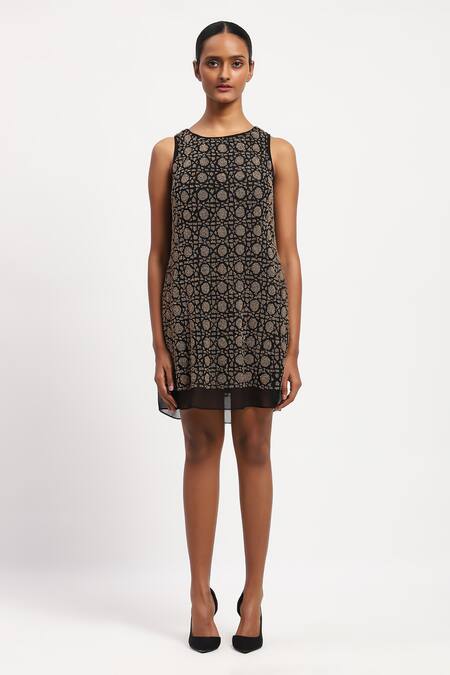 Abraham And Thakore Black Georgette Beads, Sequins Round Neck Abstract And Embellished Dress at Aza Fashions Abraham And Thakore_Black Georgette Beads, Sequins Round Neck Abstract And Embellished Dress_at_Aza_Fashions