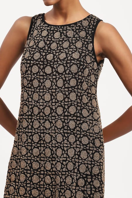 Buy Abraham And Thakore Black Georgette Beads, Sequins Round Neck Abstract And Embellished Dress Buy_Abraham And Thakore_Black Georgette Beads, Sequins Round Neck Abstract And Embellished Dress