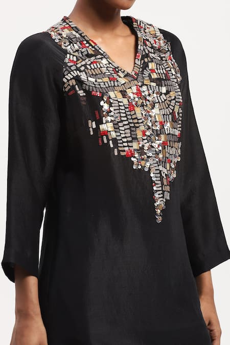 Shop Abraham And Thakore Black Silk Embroidery V-neck Mosaic Embellished Short Dress Online at Aza Fashions Shop_Abraham And Thakore_Black Silk Embroidery V-neck Mosaic Embellished Short Dress_Online_at_Aza_Fashions