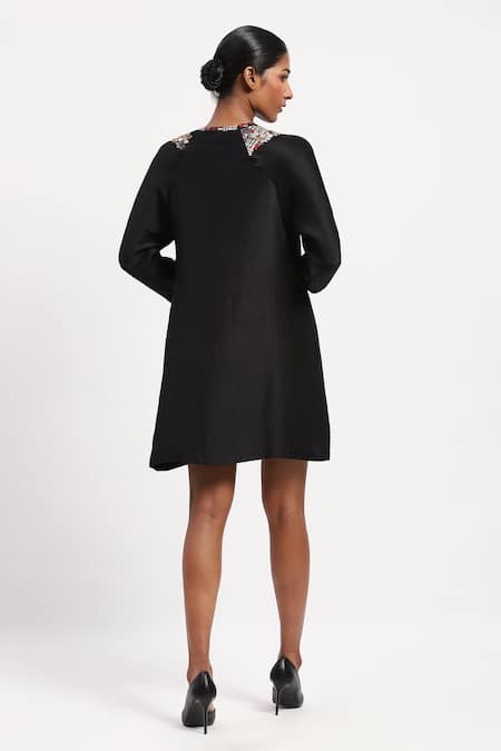 Shop Abraham And Thakore Black Silk Embroidery V-neck Mosaic Embellished Short Dress at Aza Fashions Shop_Abraham And Thakore_Black Silk Embroidery V-neck Mosaic Embellished Short Dress_at_Aza_Fashions