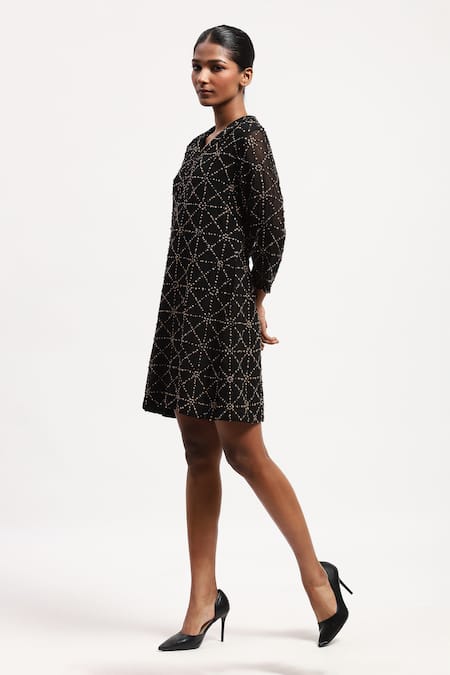 Buy Abraham And Thakore Black Georgette Embroidery V-neck Jaali Dress Online at Aza Fashions Buy_Abraham And Thakore_Black Georgette Embroidery V-neck Jaali Dress_Online_at_Aza_Fashions