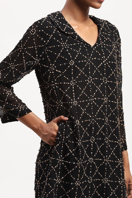 Shop Abraham And Thakore Black Georgette Embroidery V-neck Jaali Dress Online at Aza Fashions Shop_Abraham And Thakore_Black Georgette Embroidery V-neck Jaali Dress_Online_at_Aza_Fashions