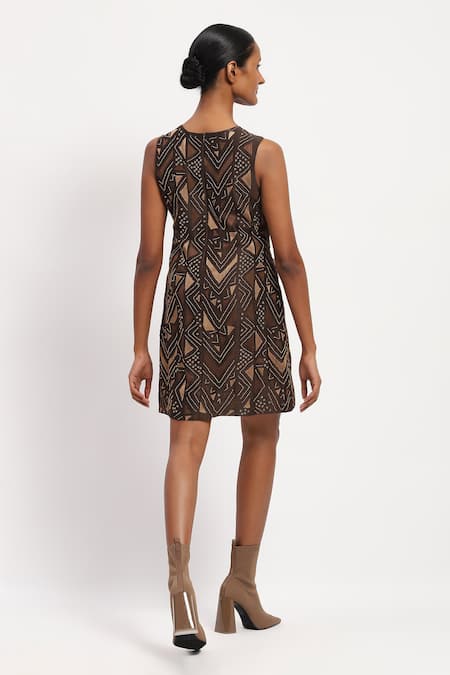 Shop Abraham And Thakore Brown Chanderi Beads, Embroidery Round Neck Chevron Dress at Aza Fashions Shop_Abraham And Thakore_Brown Chanderi Beads, Embroidery Round Neck Chevron Dress _at_Aza_Fashions