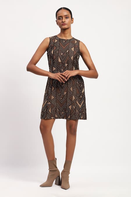 Buy Abraham And Thakore Brown Chanderi Beads, Embroidery Round Neck Chevron Dress Online at Aza Fashions Buy_Abraham And Thakore_Brown Chanderi Beads, Embroidery Round Neck Chevron Dress _Online_at_Aza_Fashions