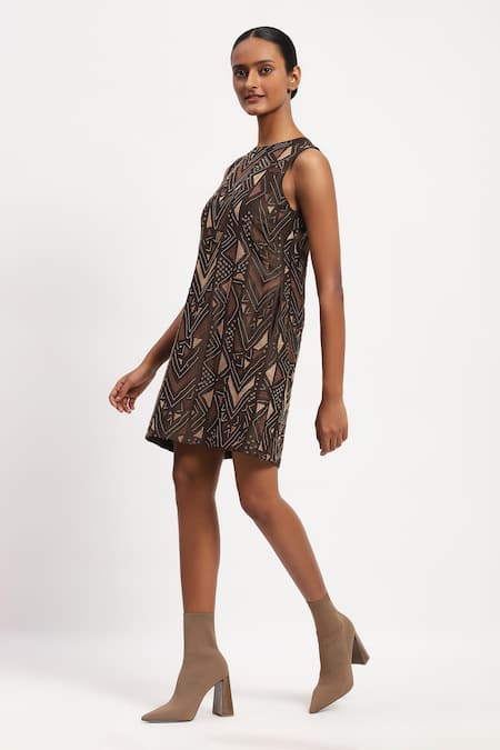Shop Abraham And Thakore Brown Chanderi Beads, Embroidery Round Neck Chevron Dress Online at Aza Fashions Shop_Abraham And Thakore_Brown Chanderi Beads, Embroidery Round Neck Chevron Dress _Online_at_Aza_Fashions